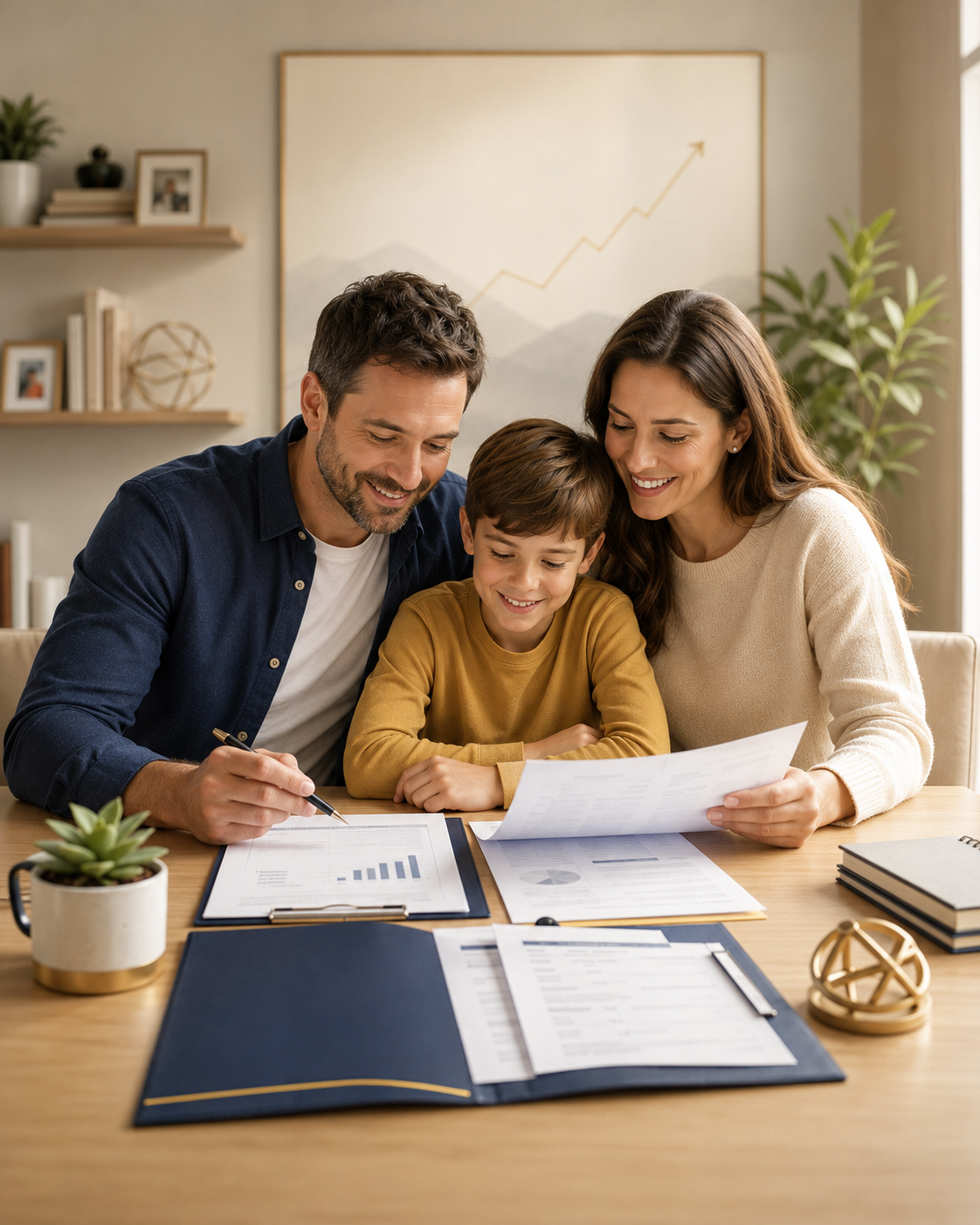 A client reviewing a financial plan beside symbols of increased cash flow and reduced debt